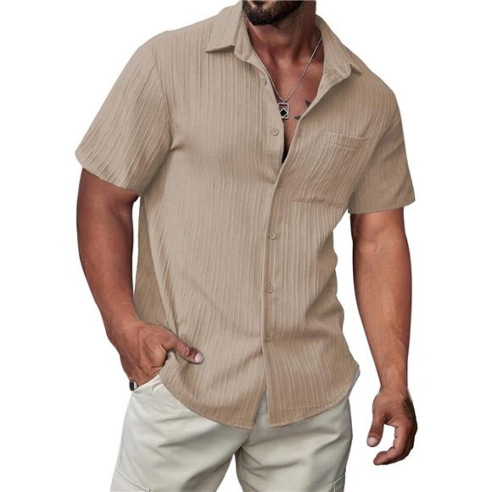 Men Button Down Short Sleeve Shirts Khaki - Picture 2 of 7